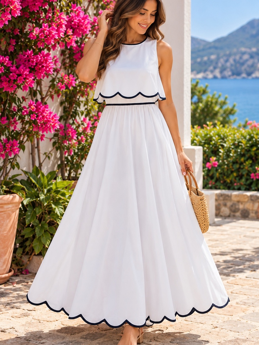 entro White Maxi Dress with Navy Scalloped Trim